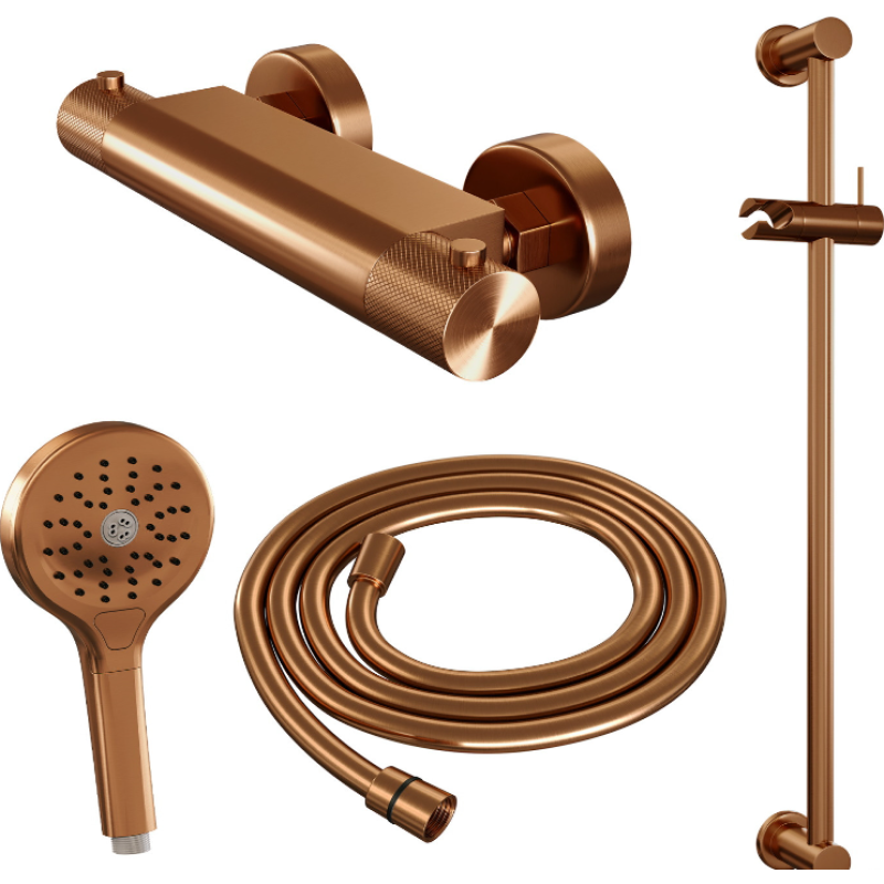 Douchekraanset Brauer Copper Carving Opbouw Met Glijstang En Ronde Handdouche Geborsteld Koper